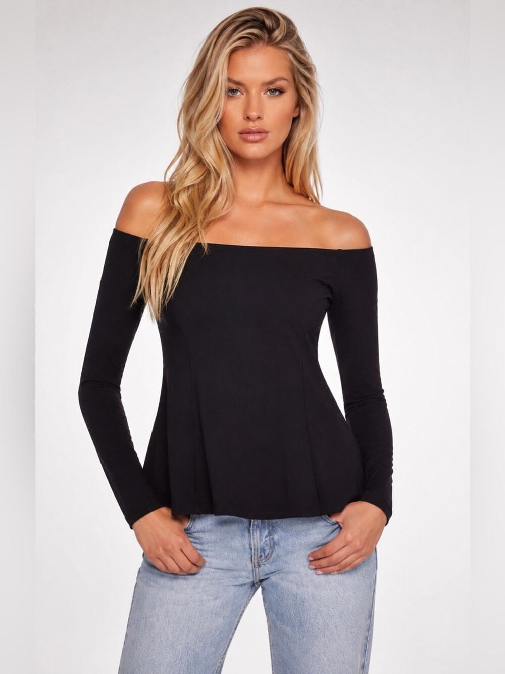 Susana Monaco Black Off Shoulder Peplum Top Long Sleeve NWT Size XS Made in USA